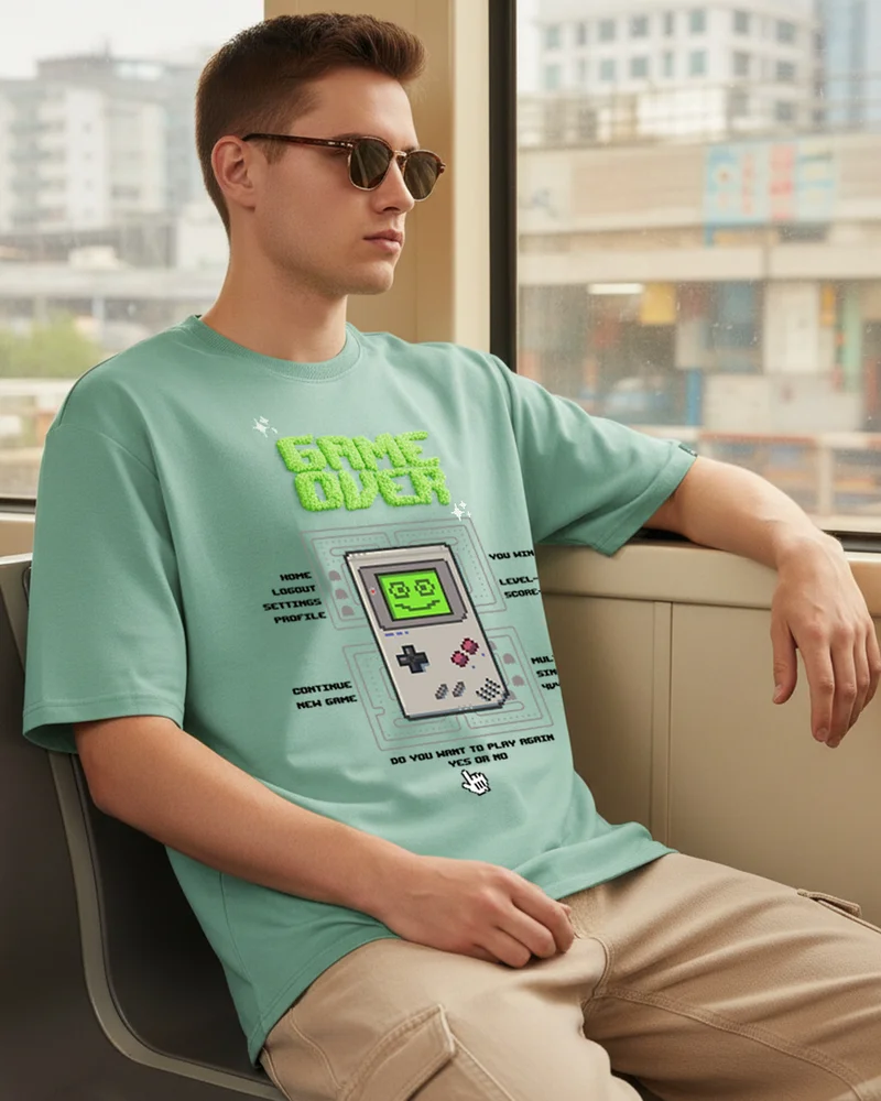 bewakoof Men's Granite Green Game Over Graphic Printed Oversized T-shirt